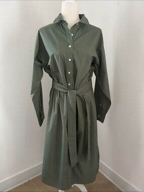 J. Crew Army Green Button-Front Midi Shirt Dress with Sash Sz L NWT